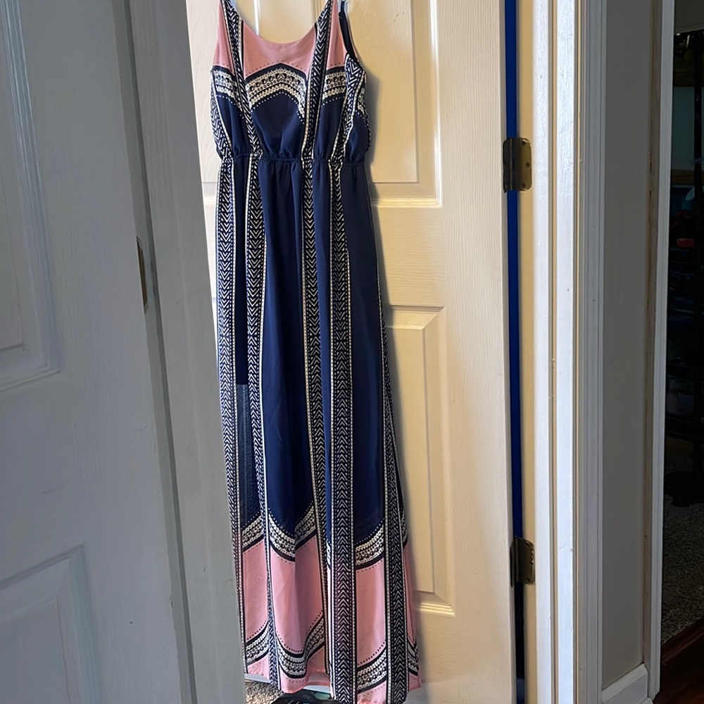 Spaghetti strap long blue and pink dress boho